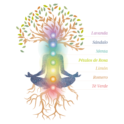 Árbol con los siete centros energéticos y sus aromas relacionados